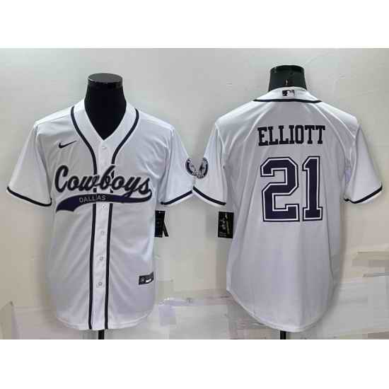 Men Dallas Cowboys 21 Ezekiel Elliott White Cool Base Stitched Baseball Jersey